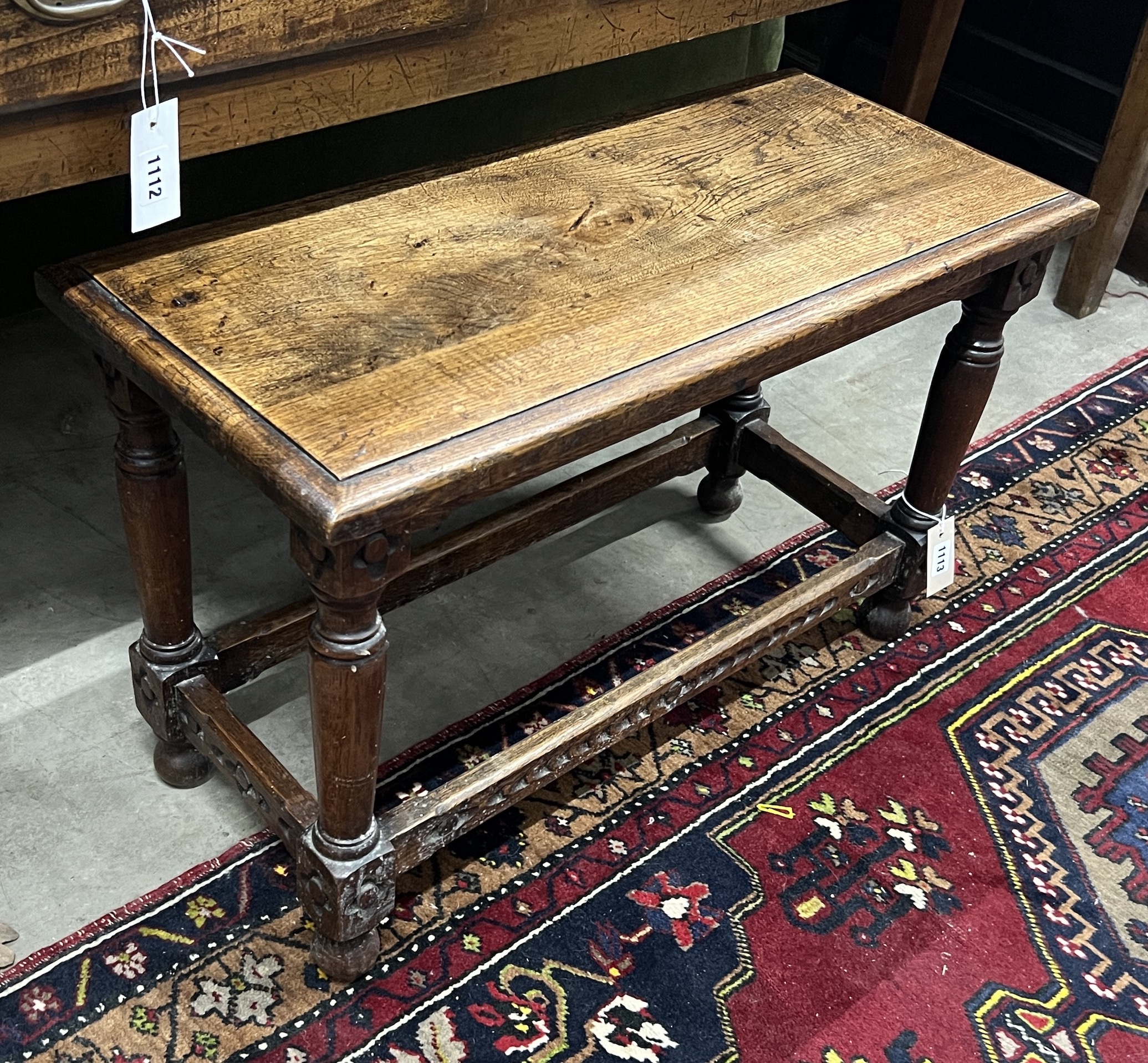 A 17th century style rectangular oak joint stool, width 72cm, depth 32cm, height 45cm